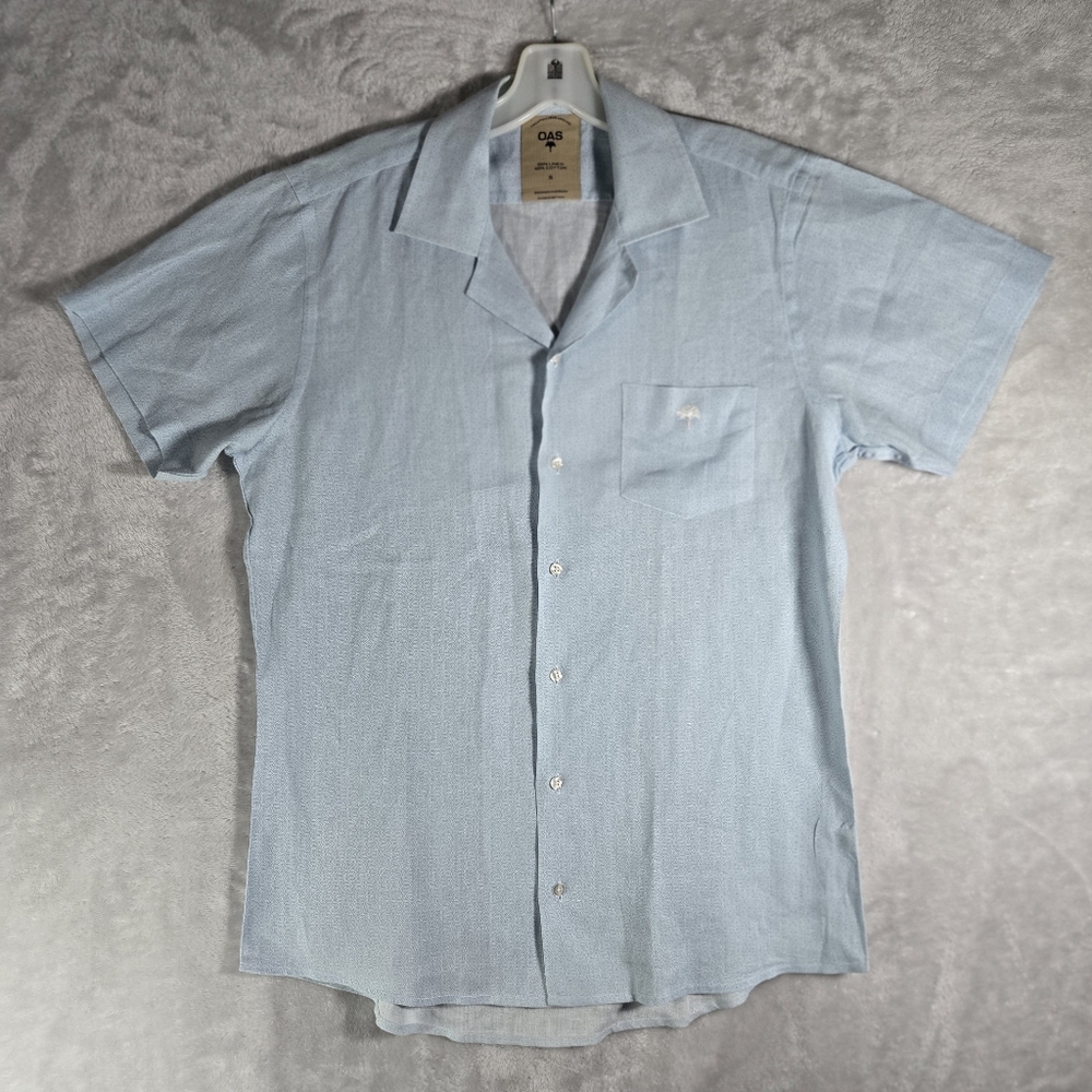 OAS Camp Button Up Shirt Mens Size Small S Linen Cotton Geometric Light Blue